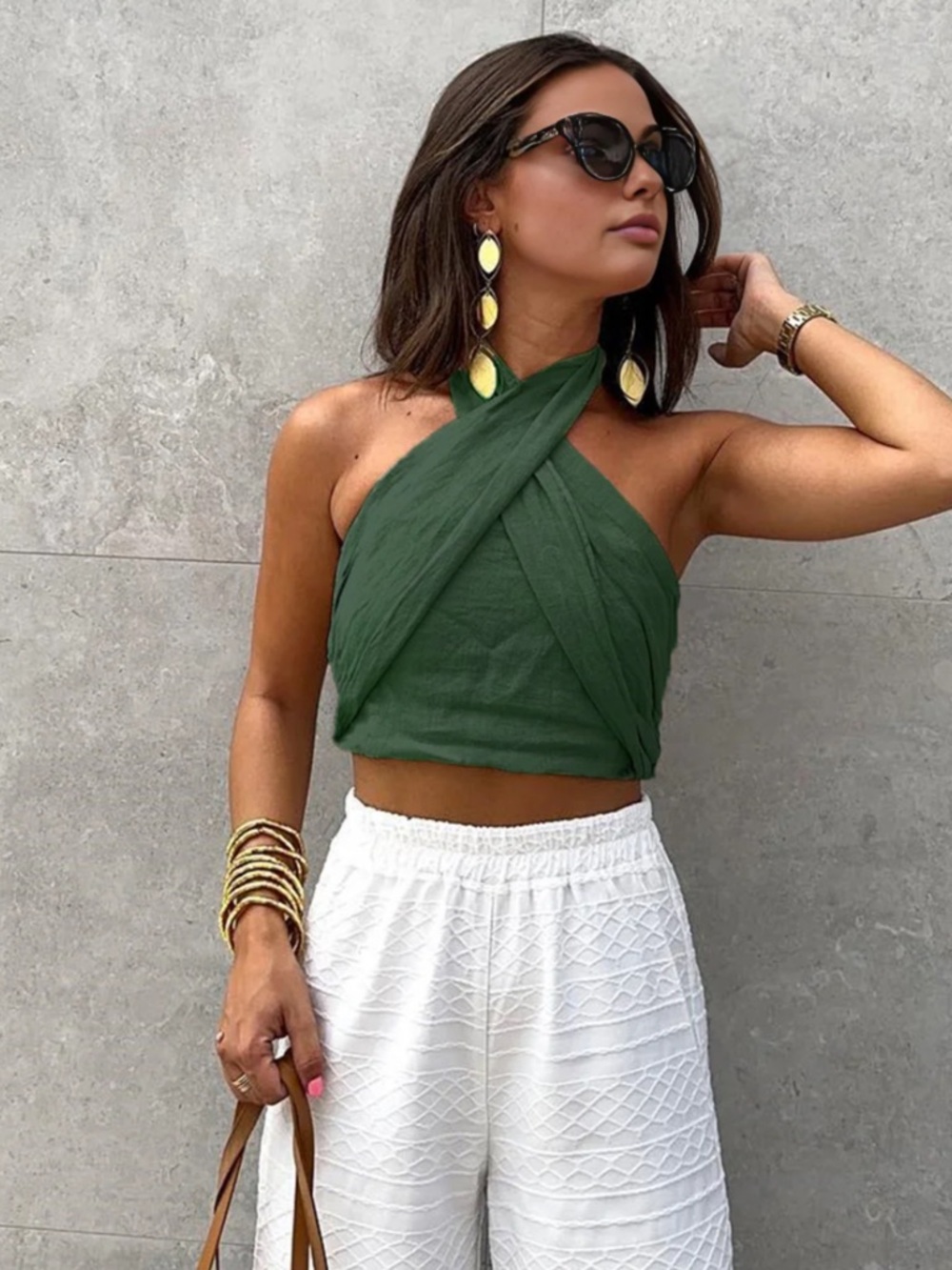 Commense Cotton & Line Crisscross Halter Tank Top Dark Green